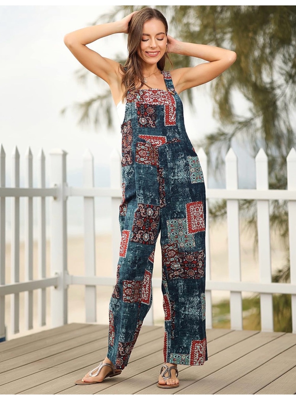 Patchwork-Print Wide Leg Jumpsuit in Teal & Red